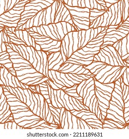 A fresh and minimalist seamless pattern with fall leaves in burnt umber line drawing.
