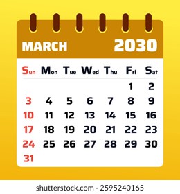 Fresh and minimalistic March 2030 calendar with a yelow accent. Great for managing daily tasks, planning spring activities, and tracking goals