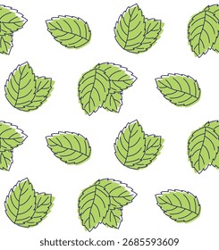 Fresh mint foliage flat design creating repeating pattern over white backdrop