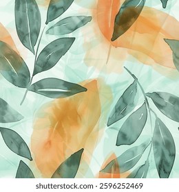 Fresh Mint Green Olive Orange Brown Oak Eucalyptus Leaf Foliage Watercolor Abstract Scandinavian Design Seamless Pattern Wallpaper Curtain Bedding Background Upholstery Gift Wrapping Paper Vector