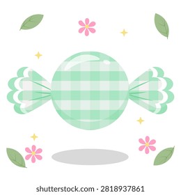 Fresh mint green pastel gingham wrapped candy with a flower and leaf gimmick. Perfect for peppermint flavor themes and summer designs. Flat vector art