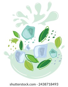 Fresh mint and ice cubes with splashes of juice. Vector illustration of organic fruit juice. Eco label concept for natural mint flavor with ice. Design of vape, juice, smoothie.