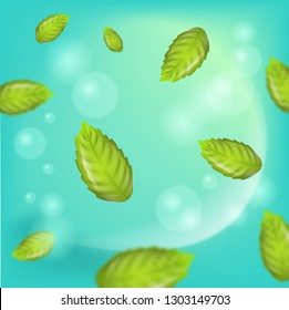 Fresh Mint Leaves on Green Background. 3d Vector image Flying Mint Leaves. Mint main Ingredient Oral Hygiene and Cosmetic Products, Tea and Refreshing Drinks. Place Advertising in different variations