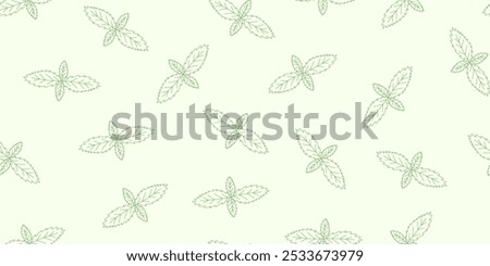 Fresh mint leaves outline on light green background, seamless pattern, vector