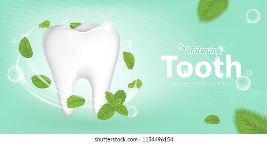 Fresh mint leaves with whitening formula for sparkling shining white healthy clean teeth on green background.