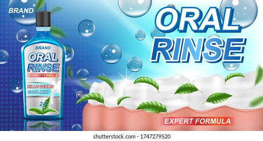 Fresh mint mouth rinse ads, mouthwash product with mint leaves for dental care poster. White tooth and Oral rinse Banner design. 3d vector illustration