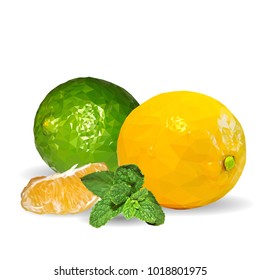 Fresh mint, nutritious lemon and tasty limes. Symbols of fruits. Vector illustration. Fruits ingredients in triangulation technique. Fruits low poly.