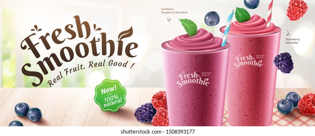 Fresh mix berries smoothie banner ads with delicious fruit on wooden table and bokeh background, 3d illustration