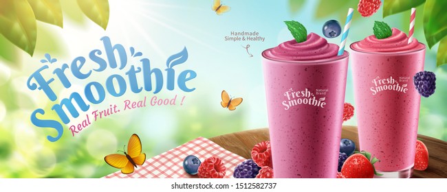 Fresh mix berries smoothie banner ads with delicious fruit on wooden round table and nature background, 3d illustration