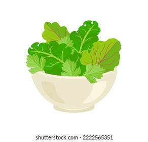 Fresh mixed green salad in bowl. Healthy food icon. Vector flat illustration.