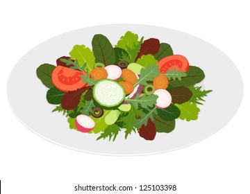 Fresh mixed salad with sliced vegetables in dish, isolated on white background