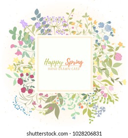 Fresh modern design card of medicinal herbs and flowers. Hand drawn illustration for herbal tea, natural cosmetics, health care products, aromatherapy, homeopathy. Summer art.