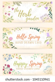 Fresh modern design card of medicinal herbs and flowers. Hand drawn illustration for herbal tea, natural cosmetics, health care products, aromatherapy, homeopathy. Summer art.