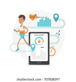 Fresh and modern illustration. A young running man with mobile app signes.