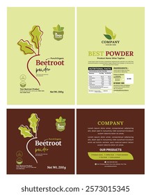 Fresh and modern supplement Beetroot Powder label pouch bag design, combining earthy green and burgundy tones, perfect for organic wellness brands, highlighting typography and nutritional value.