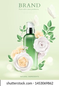 Fresh moisture spray ads with paper flowers in 3d illustration