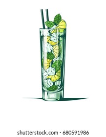 Fresh mojito cocktail with ice cubes, lime slices and mint leaves in a big glass with two dark drinking straws isolated on white background