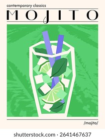 Fresh mojito cocktail. Vector illustration of summer alcoholic long drink garnished with lime and mint. Poster with tropical refreshing drink. Contemporary poster for bar, restaurants and menu.