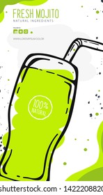 Fresh Mojito in a glass. Banner smoothies, lemonade, fresh, juice, detox in sketch style