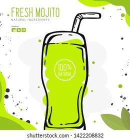 Fresh Mojito in a glass. Banner smoothies, lemonade, fresh, juice, detox in sketch style