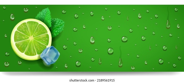 Ilustración de mojito fresco para el diseño de paquetes, banner, etiqueta, afiche. Limpieza, cubo de hielo y hojas de menta, fondo verde con gotas. Vector realista