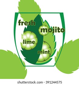 Fresh mojito with lime and green mint leaves in stylized glass with signs