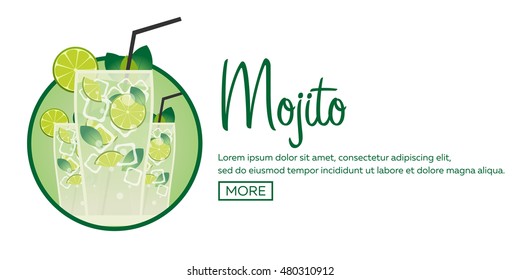 Fresh mojito with lime and green mint leaves in stylized glass. Banner.