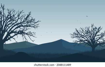 A fresh morning in the countryside with the mountain view and the silhouette of dry trees around it. Vector illustration of a city
