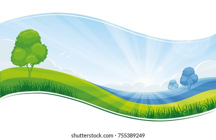 Fresh morning summer or spring landscape, green meadow, blue sky - vector background 