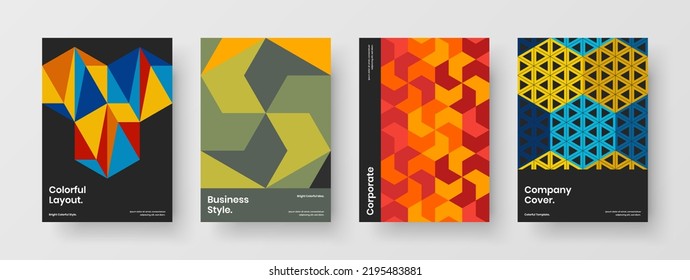 Fresh mosaic hexagons booklet template collection. Premium pamphlet design vector layout set.