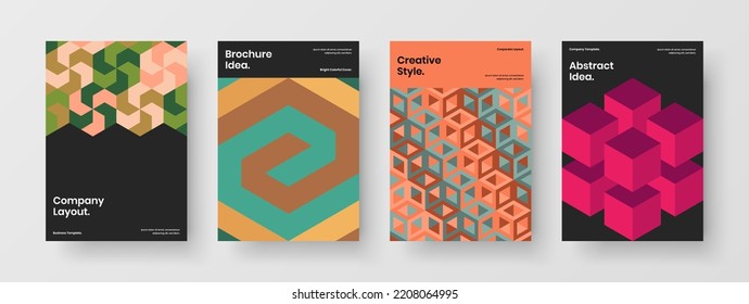 Fresh mosaic hexagons cover concept composition. Colorful presentation A4 vector design template set.