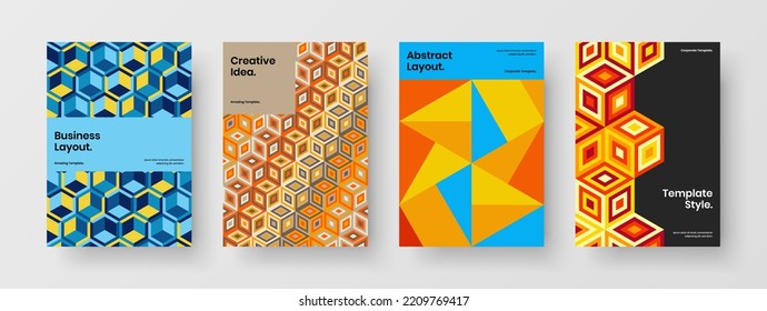 Fresh mosaic pattern poster illustration collection. Vivid leaflet design vector layout set.