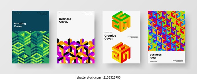 Fresh mosaic shapes brochure illustration set. Clean poster design vector template bundle.