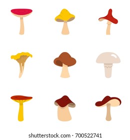 Fresh mushroom icon set. Flat set of 9 fresh mushroom vector icons for web isolated on white background