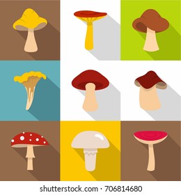 Fresh mushroom icon set. Flat style set of 9 fresh mushroom vector icons for web design