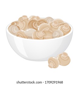 fresh mushrooms in bowl on white background. Cartoon style. Vector illustration. Isolated on white. Object for packaging, advertisements, menu.