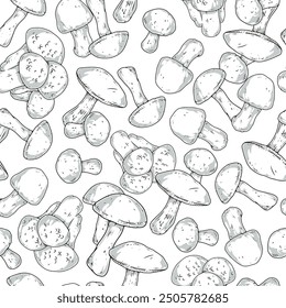 Fresh mushrooms monochrome seamless pattern with champignons and chanterelles collected in forest for preparing delicious pickles vector illustration