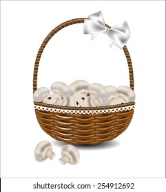 Fresh mushrooms in a wicker basket with a bow. Vector illustration.