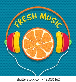 Fresh music. Orange slice in headphones on blue dots background. Funny colorful cartoon vector icon. 