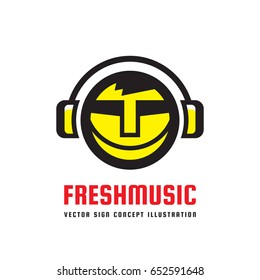 Fresh music - vector logo concept illustration in flat style design. Audio mp3 sign. Modern sound icon. Dj symbol. Human head character. Headphones insignia. Record label songs.
