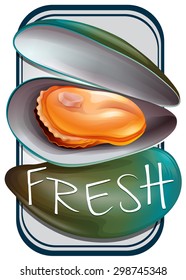 Fresh mussels in shell with text