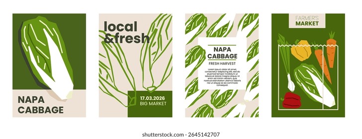Ilustração de repolho de napa fresco. Cartazes simples com legumes chineses para o mercado de agricultores. Modelos de vetor com copyspace. Conjunto de legumes de salada colhidos em estilo plano e desenhado à mão mínima. 