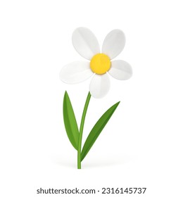 Fresh natural chamomile curved stem leaves organic botanical blooming summer pant 3d icon realistic vector illustration. Flower with bud petals botany nature ecology environment floristic herb