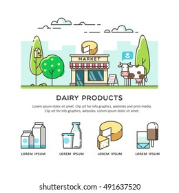 Fresh natural dairy products. Outdoor milk store. Vector illustration