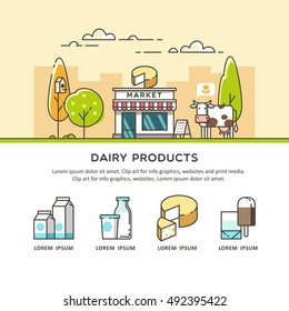 Fresh natural dairy products. Outdoor milk store. Vector illustration.