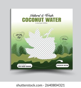 Fresh Natural Food Coconut Refreshing Water Sale On Summer Promotion Ad Social Media Web Banner Flyer Design. Celebrate World Coconut Day with vibrant tropical coconut tree and fruit mockup template