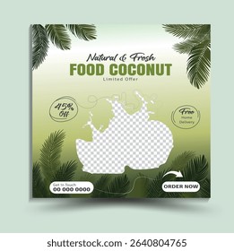 Fresh  Natural Food Coconut Refreshing Water Sale On Summer Promotion Ad Social Media Web Banner Flyer Design. Celebrate World Coconut Day with vibrant tropical coconut tree and fruit mockup template