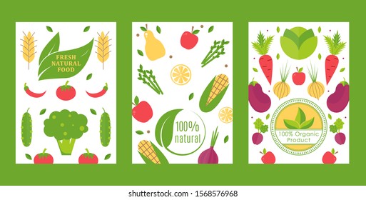 Fresh natural food, organic product banner, vector illustration. Set of vegetable icons and labels in flat style. Healthy green food from local farmers. Eggplant, cucumber, carrot, onion and corn