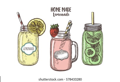 Fresh natural healthy delicious fruit and berry drinks, isolated. Vector hand drawn illustration.