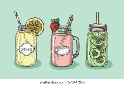 Fresh natural healthy delicious fruit and berry drinks, isolated. Vector hand drawn illustration